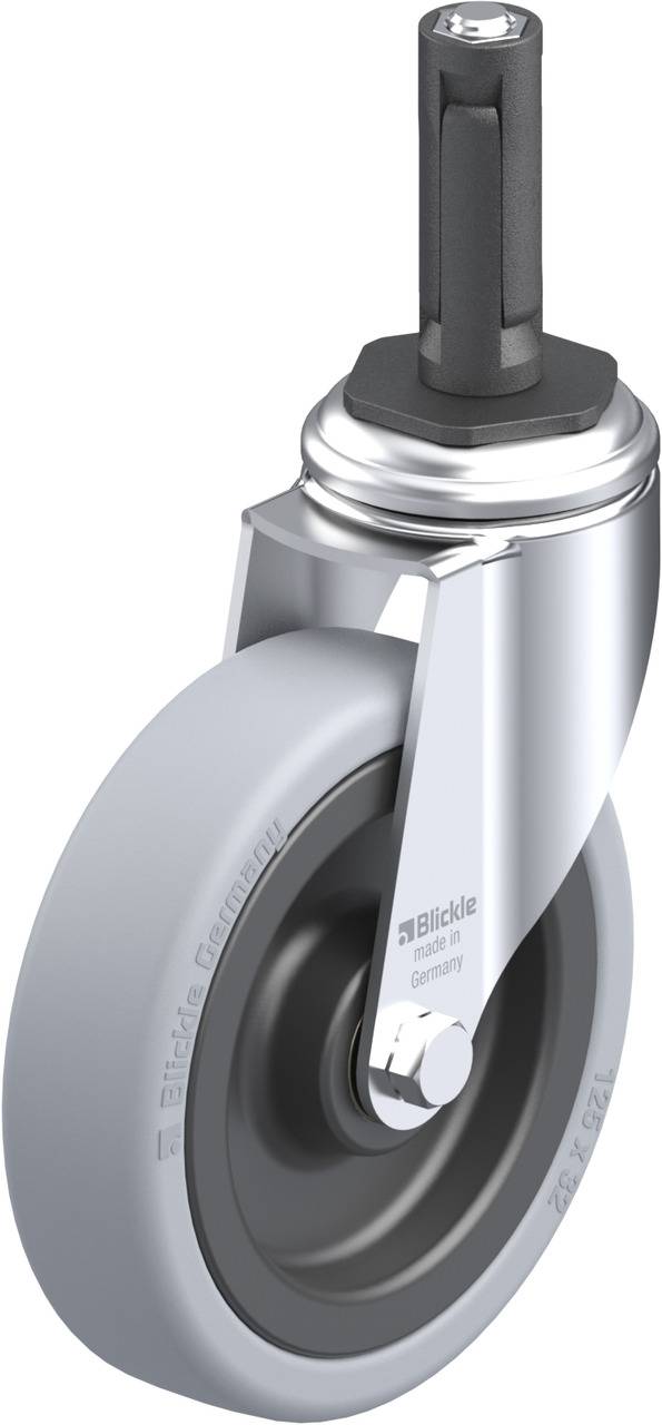 'Lenkrolle mit grauem Gummirad und schwarzer Halterung, markiert mit 