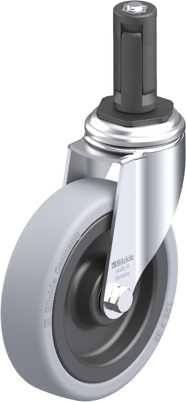 Schwenkrolle mit grauem Gummi-Laufrad und schwarzem Gehäuse, geeignet für den industriellen Einsatz.