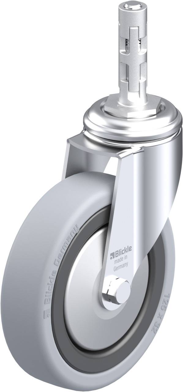 Ein großer grauer Drehstuhl-Rollenfuß mit metallischem, glänzendem Befestigungsstück und gedrucktem Logo auf der Gummiradseite.