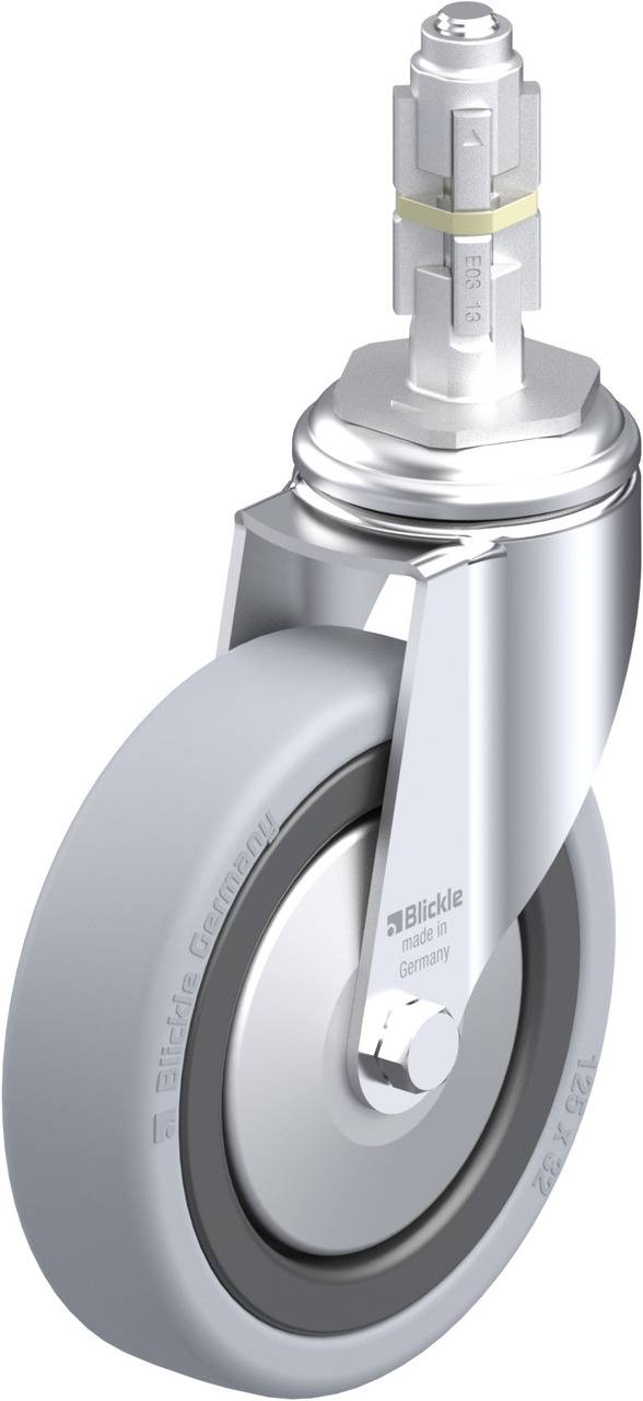 Ein graues, drehbares Rollenrad mit metallischer Halterung, geeignet für Möbel oder Wagen. Es trägt die Aufschrift 'Blickle Germany'.