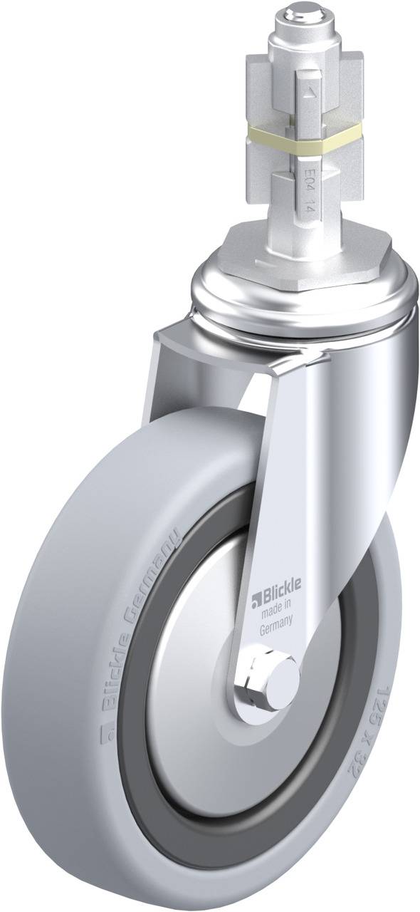 Rolle mit grauem Rad und glänzendem Metallgehäuse, geeignet für Möbel oder Geräte, zeigt Details der Befestigung und Drehmechanismus.