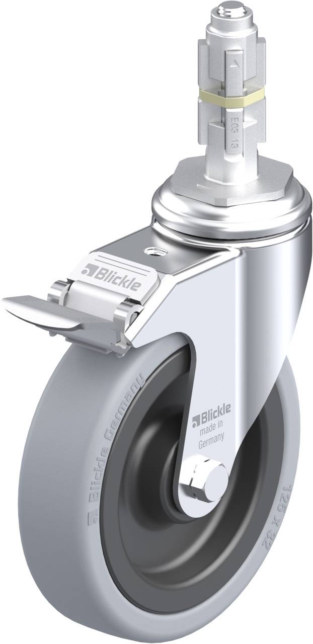 Schwenkrolle mit Bremse, graues Rad, silbernes Gehäuse, geeignet für schwere Lasten, mit 'Blickle'-Logo.