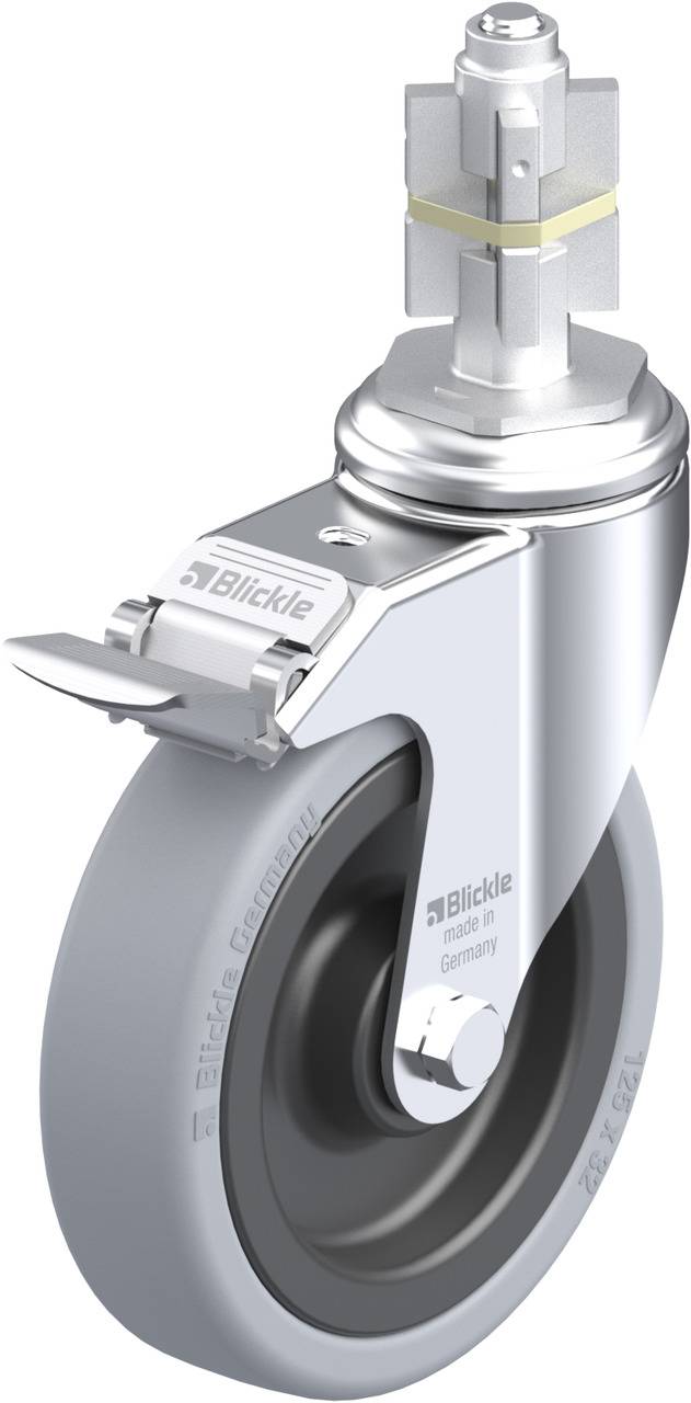 Eine einzelne Lenkrolle aus Metall mit grauem Rad und Feststellbremse, geeignet für Möbel oder Maschinen.