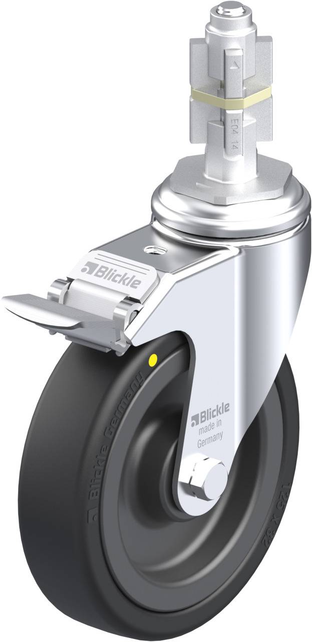 Schwenkrolle mit Bremse und schwarzem Rad, geeignet für den Einsatz in Industrie oder Transport. Hochwertige, stabile Konstruktion.