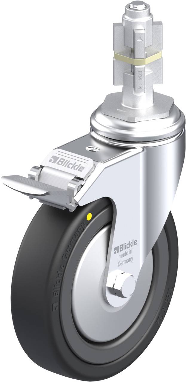 Industrie-Schwenkrolle aus Metall mit schwarzem Rad. Silbernes Gehäuse mit Logo 'Blickle'. Geeignet für schwere Lasten.