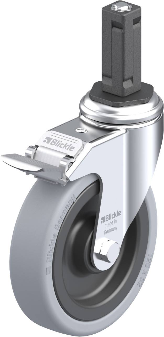 Metallrad mit grauer Gummi-Lauffläche, ausgestattet mit einem schwarzen Gehäusestift und einer Metallsperre.