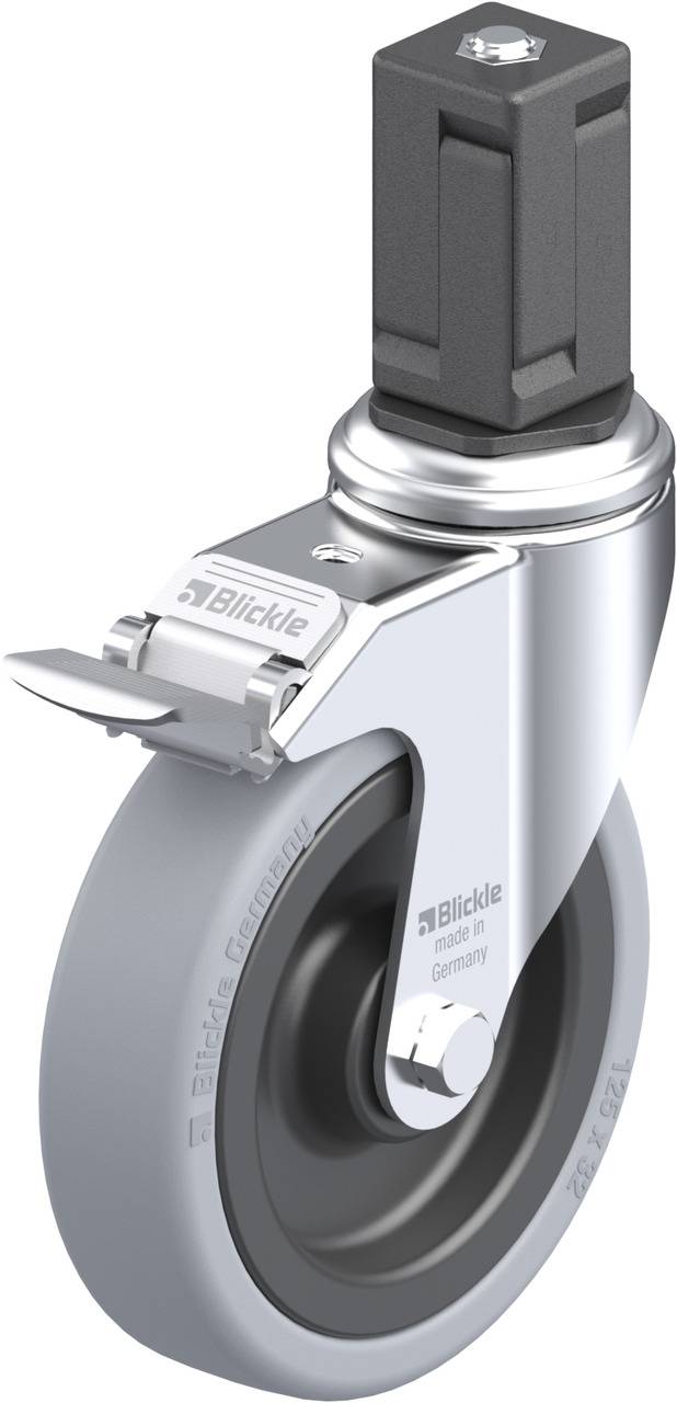 Industrie-Lenkrolle mit grauem Rad, Metallgehäuse und Fußbremse. Markiert mit 'Blickle Germany'.