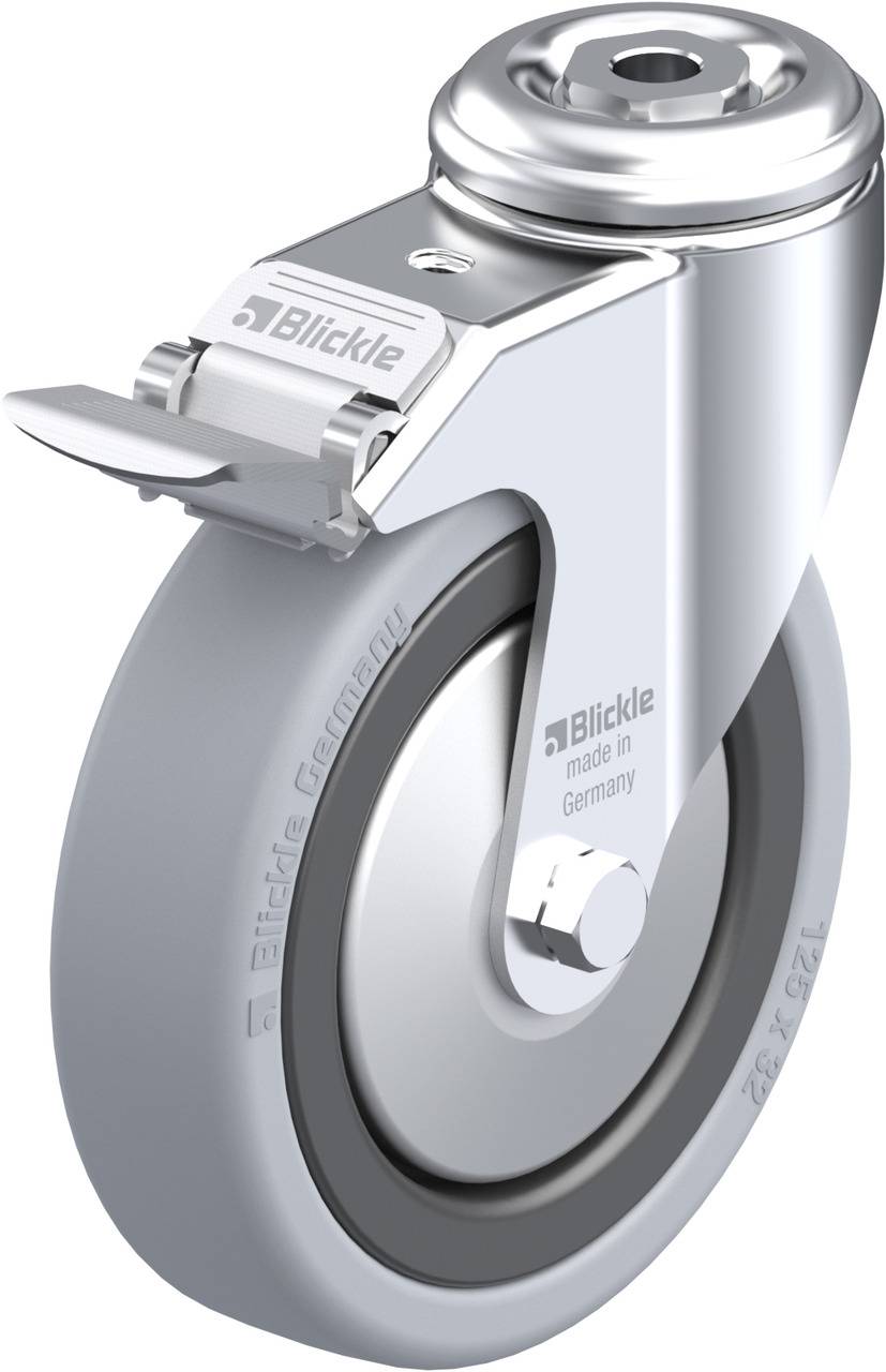 Metallausführung eines Lenkrollenrads mit grauem Gummireifen, Seitenblech und Arretierung, gefertigt von 'Blickle, made in Germany'.