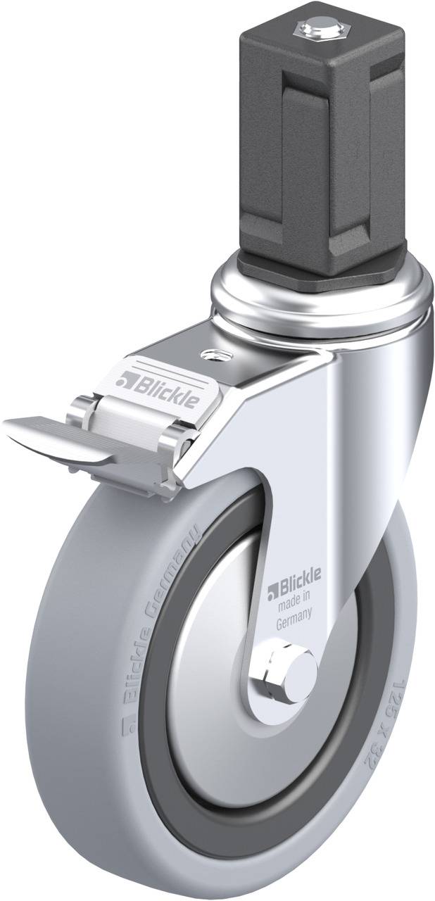 Industrie-Rolle aus Metall mit grauer Gummibereifung, bremsbar, mit rechteckigem Befestigungselement.