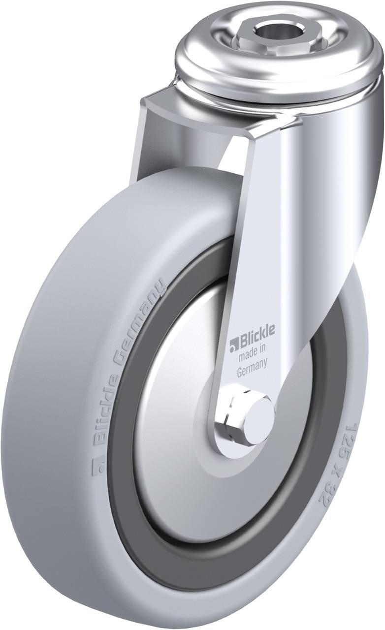 Silberne Laufrolle mit grauem Reifen, Aufschrift 'Blickle made in Germany', geeignet für Transportgeräte oder Industrieräder.