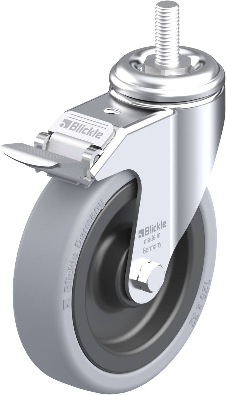 Metallrad mit Gummirad und Befestigungsbolzen, geeignet für Möbel oder Geräte. Die Aufschrift 'Blickle made in Germany' ist sichtbar.