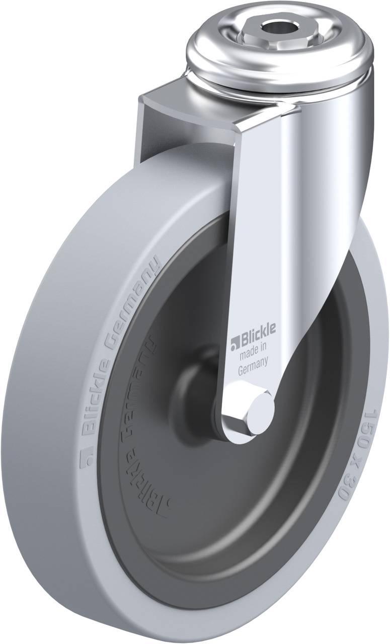 Metallisches Industrierad von 'Blickle' mit grauem Reifen, geeignet für schwere Lasten. Aufschrift: 'Blickle made in Germany'.