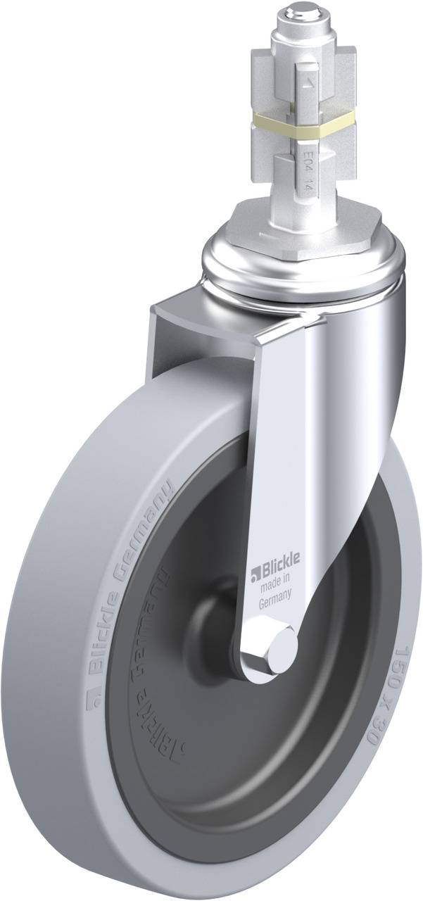 Industrierolle aus Metall und Gummi mit verzinkter Federung und Befestigungsmutter, geeignet für Lasten- und Transportwagen.