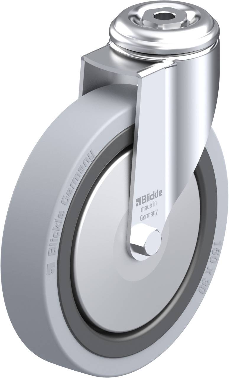 Stahlrad mit grauer Gummireifen, markiert mit 'Blickle Germany', geeignet für Lastentransport in industriellen Anwendungen.