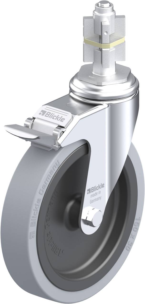Schwenkrolle mit grauem Rad, silbernem Gehäuse und Metallaufbau. Marke 'Blickle'. Geeignet für den Einsatz in Transport- oder Möbelanwendungen.