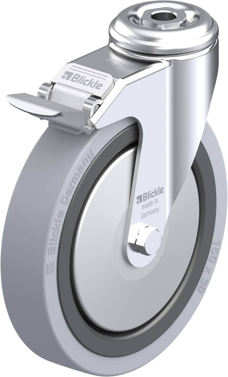 Industrie-Lenkrolle aus Metall mit grauem Rad, mit Aufschrift 'Blickle made in Germany'.