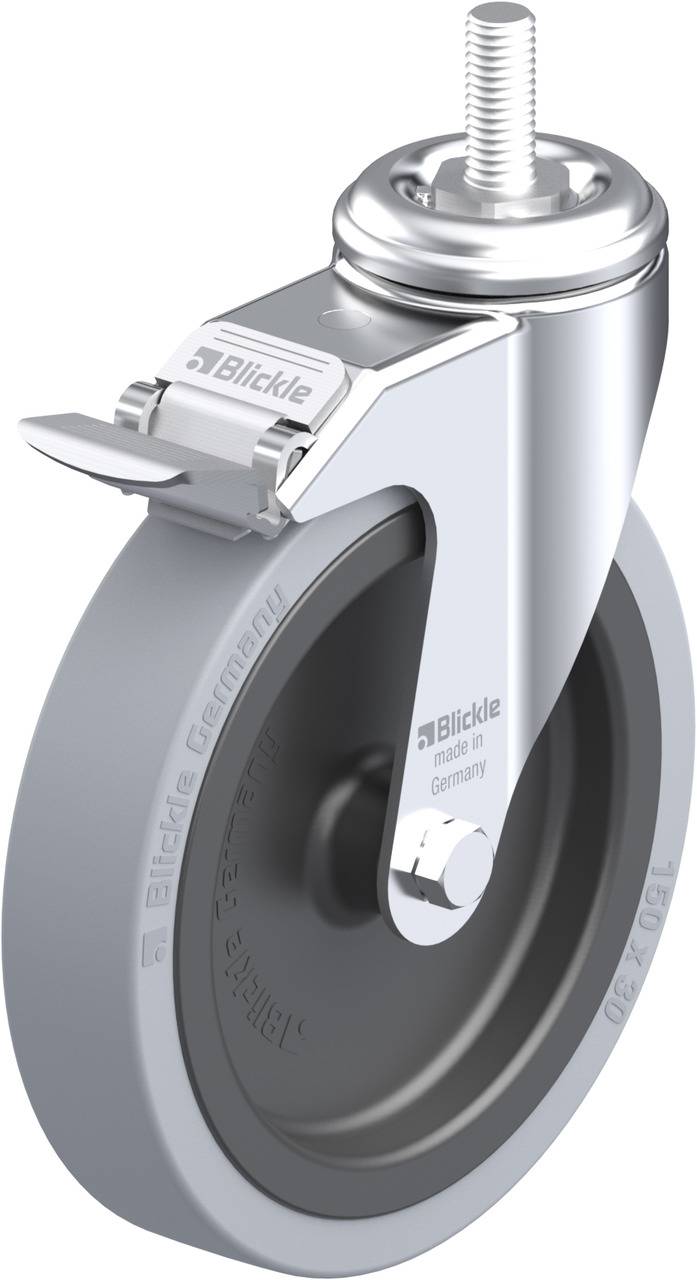 Industrie-Rolle aus Metall und Kunststoff mit Bremse, mit Aufschrift 'Blickle Made in Germany'.