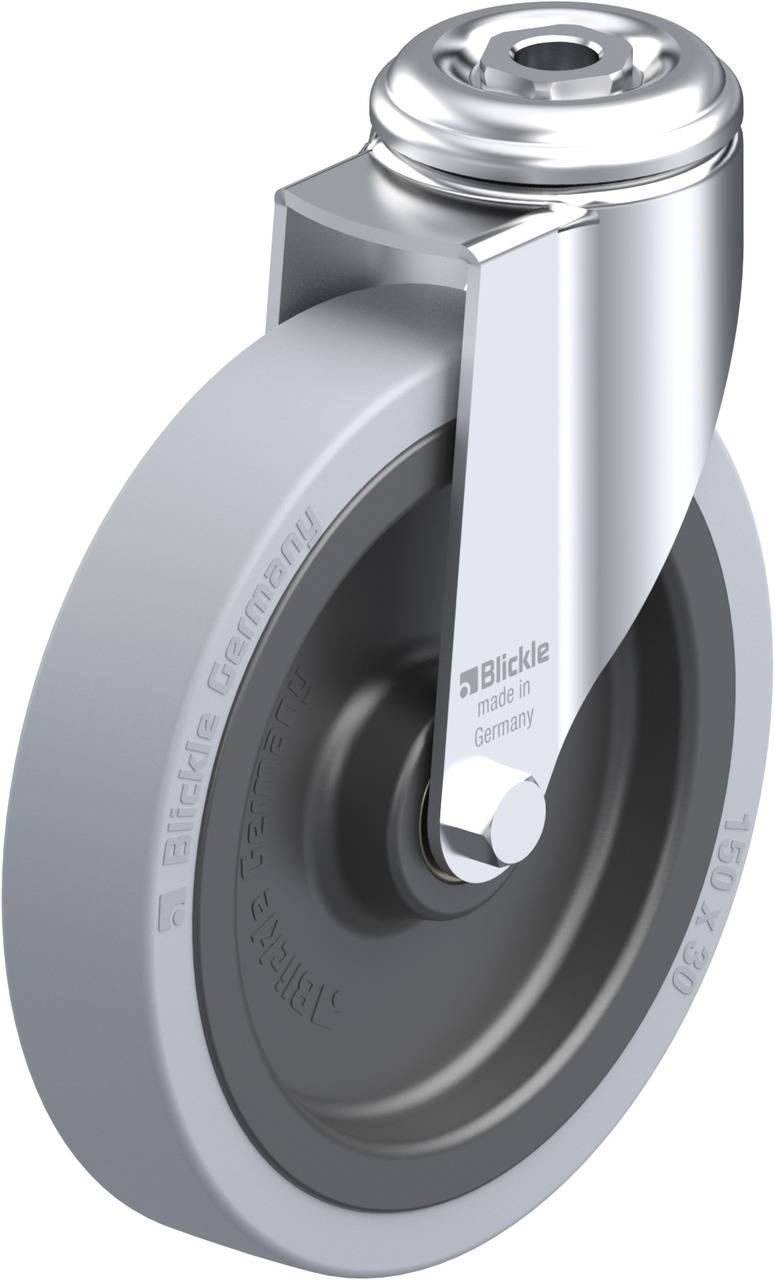 Schwenkrolle mit grauem Gummirad und silbernem Gehäuse. Die Aufschrift 'Blickle Germany' ist seitlich auf dem Rad erkennbar.