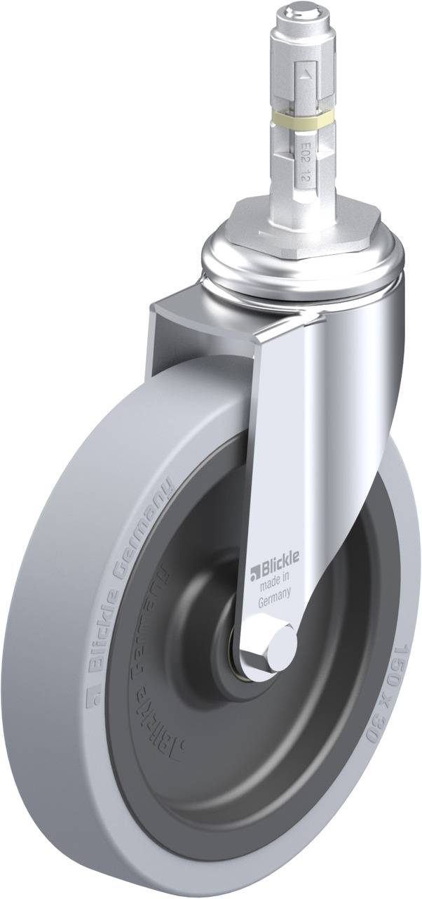 Drehbares Industrierad mit Metallhalterung und grauem Rad, geeignet für Transportgeräte. Markenname 'Blickle' sichtbar auf der Radseite.
