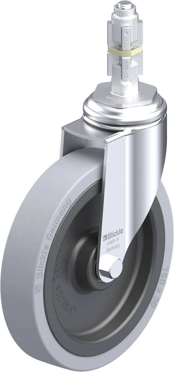 Industrierolle mit grauem Rad und silbernem Metallgehäuse, geeignet für schwere Lasten. 'Blickle' Logo sichtbar auf dem Rad.