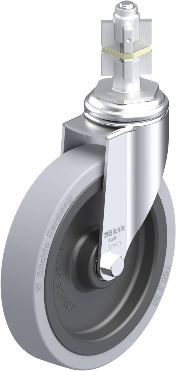 Grau-schwarzes Rad aus Kunststoff mit Metallhalterung und Plastikdrehgelenk, für Möbel oder Geräte geeignet.