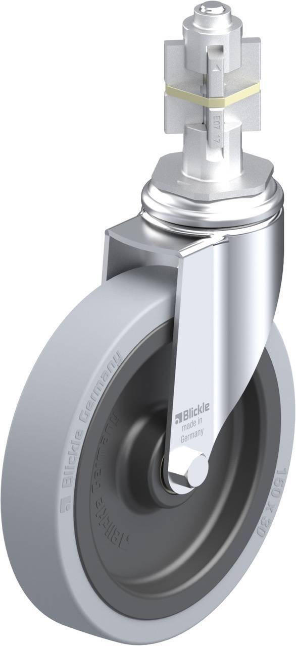 Schwenkrolle mit grauem Rad und silberner Halterung, markiert mit 'Blickle' an der Seite. Geeignet für industrielle Anwendungen.