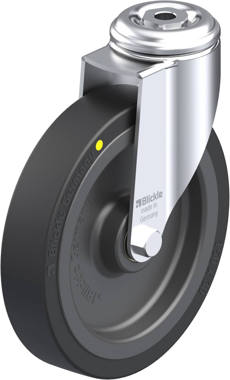 Ein schwarzes Rad mit silbrigem Metallgehäuse und Aufschrift 'Blickle made in Germany'.