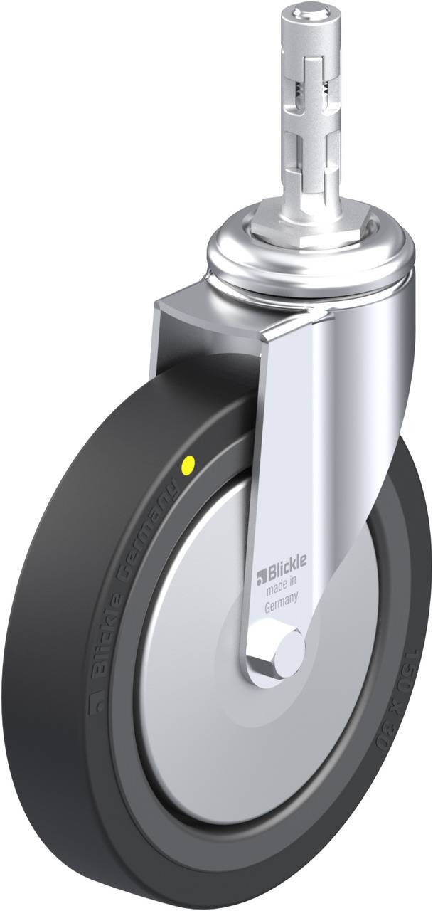 Schwenkrolle mit Metallgehäuse und Gummirad, geeignet für Transportgeräte. Geeignet für schwere Lasten mit gleichmäßiger Bewegung.