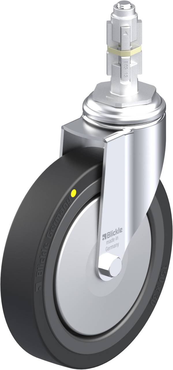 Schwenkrolle mit grauer Gummireifen und silbernem Gehäuse, geeignet für Transportgeräte.
