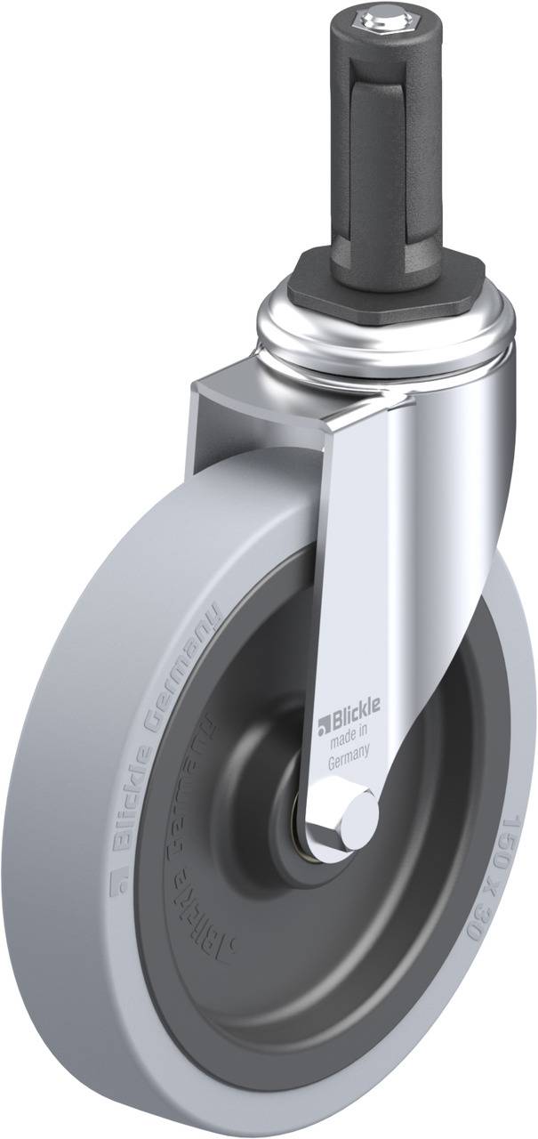 Industrie-Rolle mit grauem Rad, schwarzer Nabe und silbernem Gehäuse. Geeignet für den Einsatz an Transportgeräten und Maschinen.
