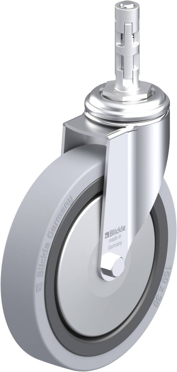 Industrie-Rolle mit grauem Rad und Metallgehäuse, geeignet für Anwendungen mit Lasten. Markenbezeichnung und Logo sind sichtbar.