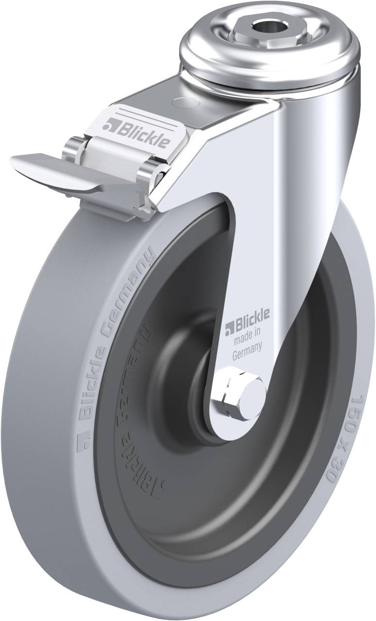 Graues, schwenkbares Industrie-Lenkrollenrad mit Metallgehäuse, vorne eine Bremse. Aufschrift am Metall: 'Blickle made in Germany'.