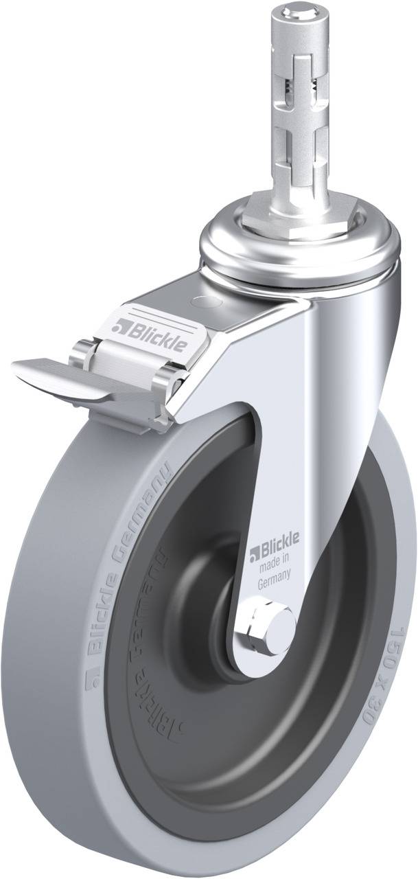 Silbernes Lenkrolle mit Bremse, hergestellt von Blickle. Stabiler Metallaufbau, geeignet für schwere Lasten, industriellen Einsatz.