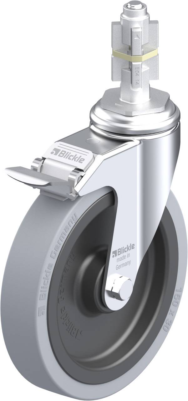 Graues Lenkrolle für Transportwagen mit glänzendem Metallgehäuse und Bremse, geeignet für schwere Lasten.