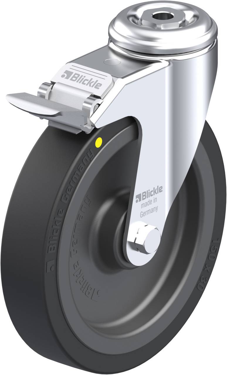 Schwenkrolle mit grauem, gummierten Rad und einem Metallschutz. Aufschrift: 'Blickle, made in Germany'.