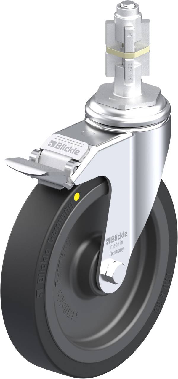 Ein einzelnes Lenkrolle mit Bremse, glänzendes Metall-Gehäuse und schwarzes Rad, geeignet für industrielle Anwendungen und Transportgeräte.