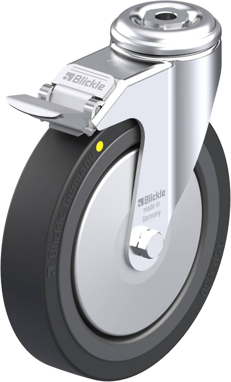 Metallrad mit schwarzem Gummireifen und Halterung. Aufschrift 'Blickle, made in Germany'. Geeignet für industrielle Anwendungen.