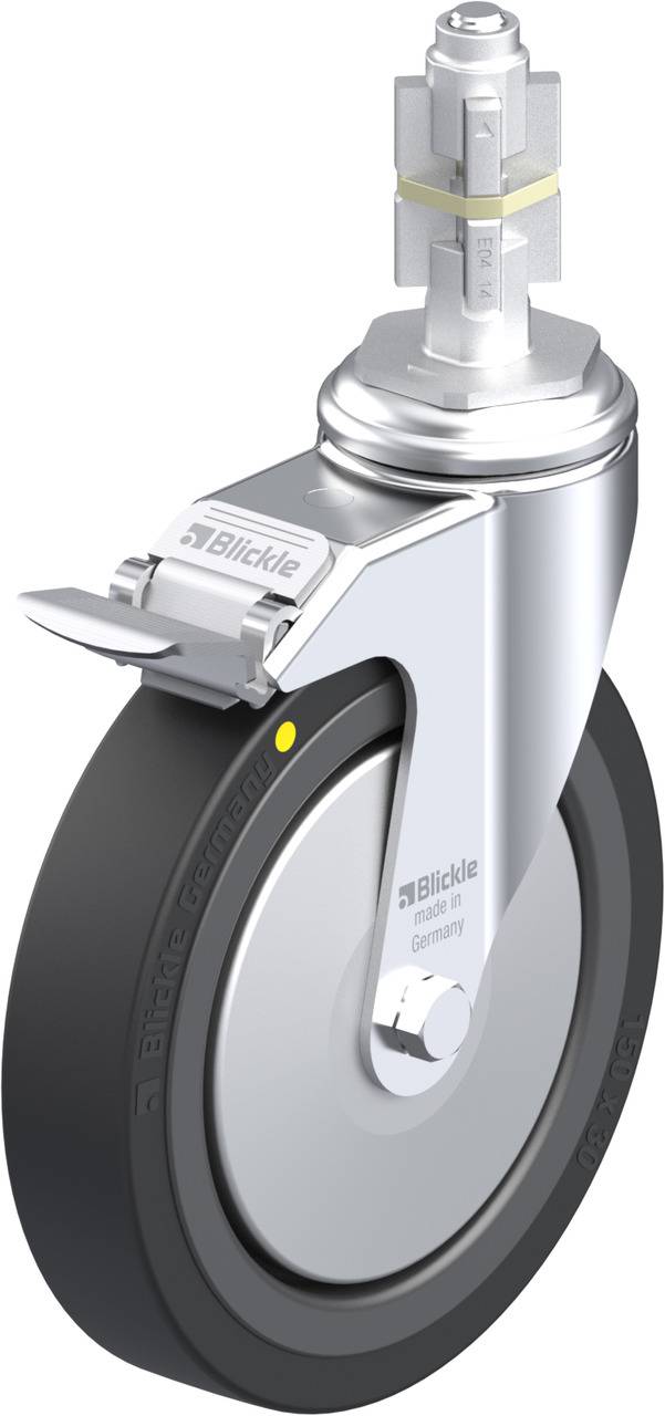 Schwenkrolle mit Bremsmechanismus und schwarzem Rad, glänzende Metallkonstruktion, Herstellerlogo sichtbar.