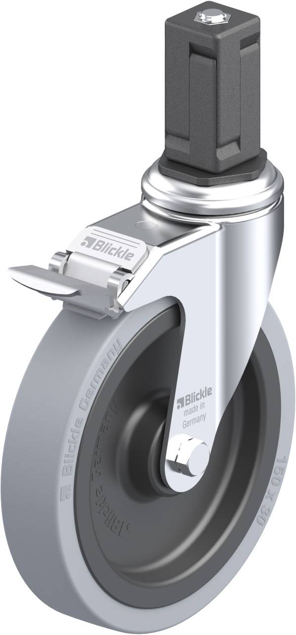 Einzelnes Rad mit grauem Reifen und silbernem Gehäuse, vermutlich Teil eines Möbel- oder Gerätewagenrads.