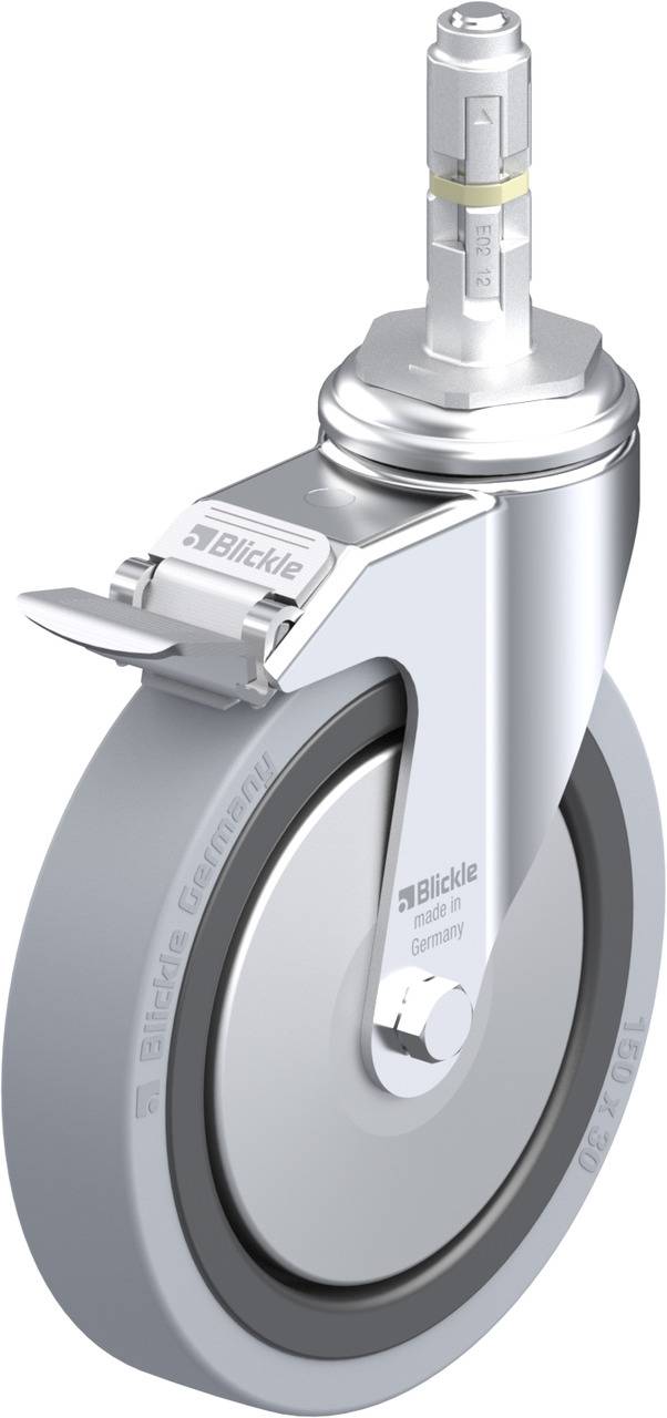 Rolle von Blickle aus Edelstahl mit Bremse, geeignet für den Einsatz an medizinischen Geräten und Wagen. Zusätzliches Metallelement oben.