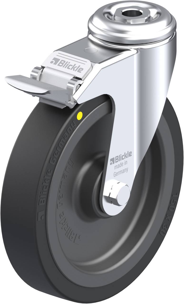 Schwenkrolle mit Bremse aus Metall und Gummi. Markenaufdruck 'Blickle' sichtbar auf Gehäuse und Rad.