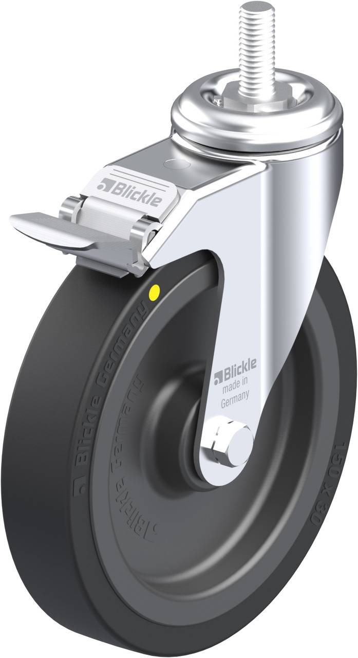 Schwenkbares Rad mit schwarzem Gummi, silbernen Details und integriertem Bremselement. Markenlogo sichtbar auf der Halterung.