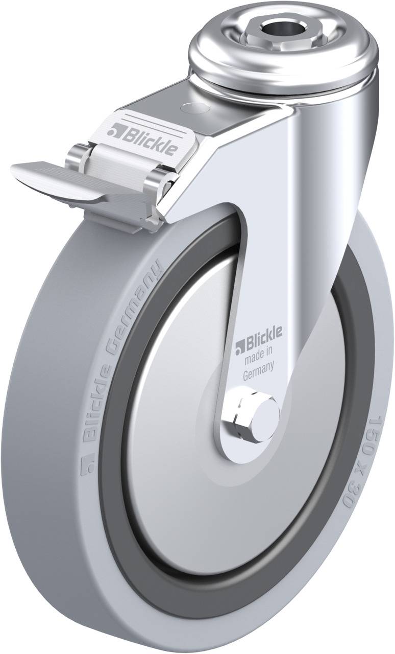 Metallenes Laufrollenrad mit grauer Gummibeschichtung und Bremse. Aufschrift 'Blickle', 'Made in Germany'.