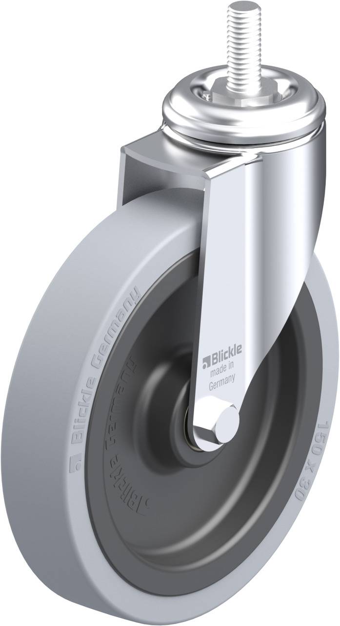 Verzinktes Lenkrolle mit grauem Gummirad und einem oberen Gewindestift zur Befestigung, geeignet für vielseitigen Einsatz.