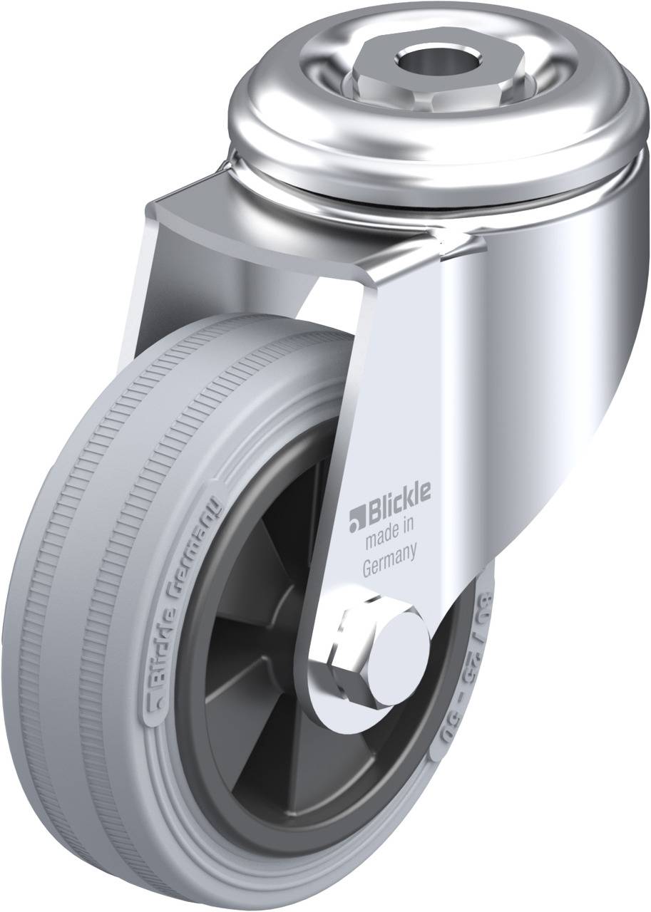 Metall-Rollenhalter mit schwenkbarem, grauen Gummi-Rad. Auf dem Halter steht 'Blickle made in Germany'.