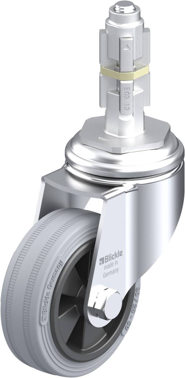 Ein silbernes Schwenkrad mit grauem Gummi, integriertem Lager und vertikaler Befestigungsachse, hergestellt von Blickle.