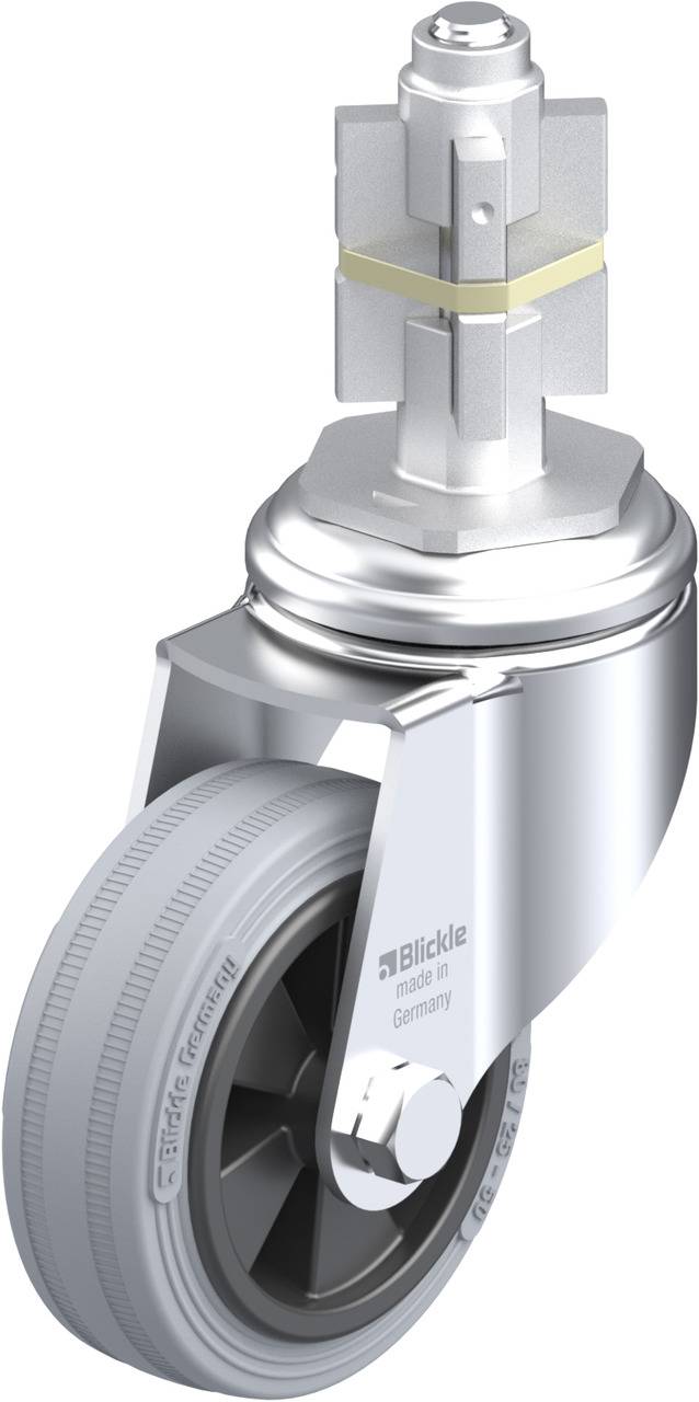 Industrie-Schwenkrolle mit grauem Gummirad und Metallgehäuse, geeignet für Geräte oder Möbel.