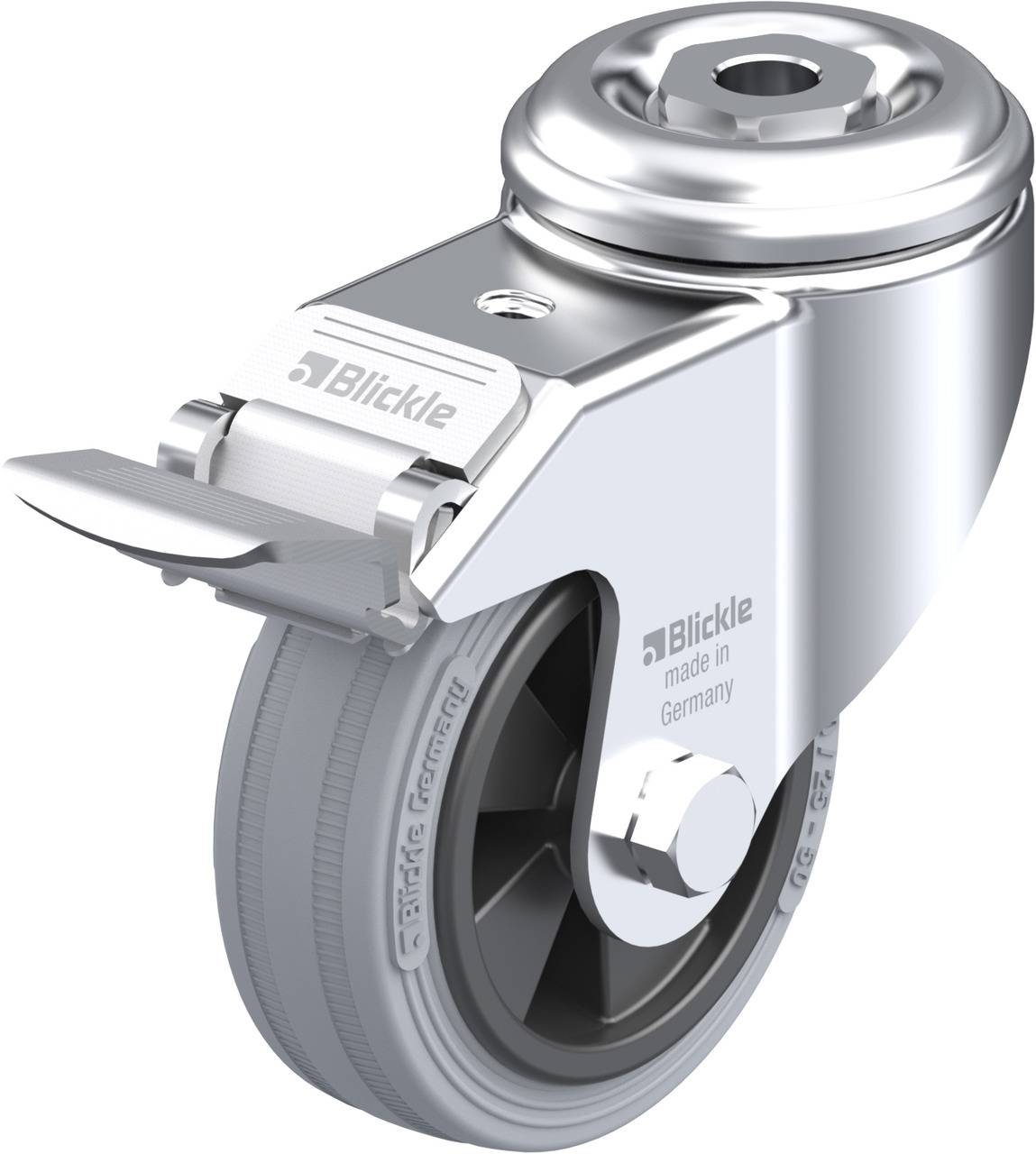Lenkrolle aus Metall mit grauem Rad und Bremsmechanismus, beschriftet mit 'Blickle made in Germany'.