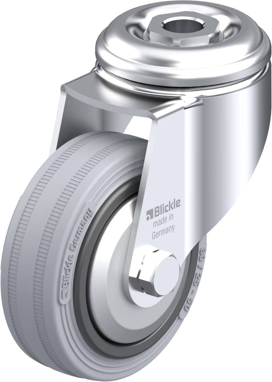 Schwenkrolle aus Metall mit grauem Gummirad, geeignet für Transport und industrielle Anwendungen; Aufschrift 'Blickle made in Germany'.