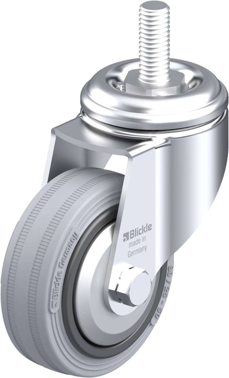 Ein Edelstahl-Lenkrolle mit grauem Rad, seitlichem Blick auf die Aufhängung und dem Aufdruck 'Blickle made in Germany'.